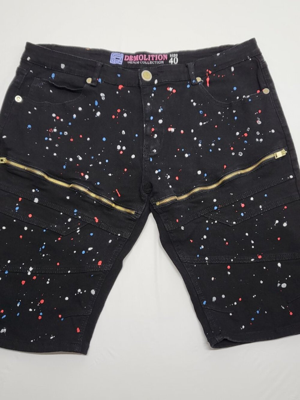 Demolition Mens Jean Shorts Moto Biker Size 40 Splatter Print Stretch Streetwear
